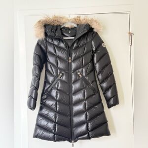 Moncler Shiny Black Puffer Coat with Fur Hood